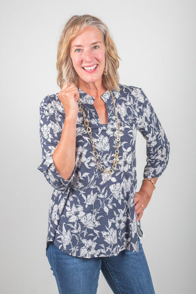 Charcoal w/Whit Flowers Lizzy Top