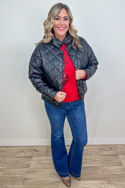 Black Quilted Faux Leather Jacket styled