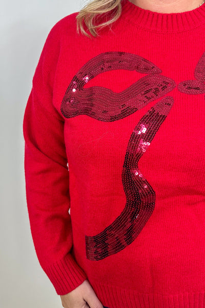 Red Sequin Bow Sweater detail