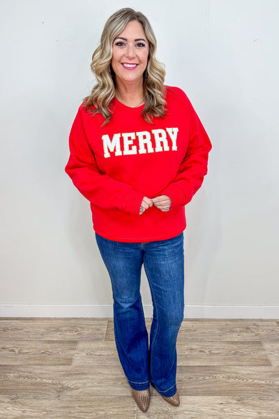 Red Merry Chenille Letter Sweatshirt styled