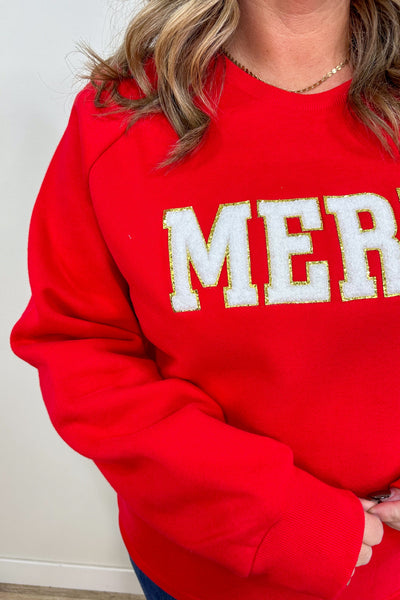 Red Merry Chenille Letter Sweatshirt detail