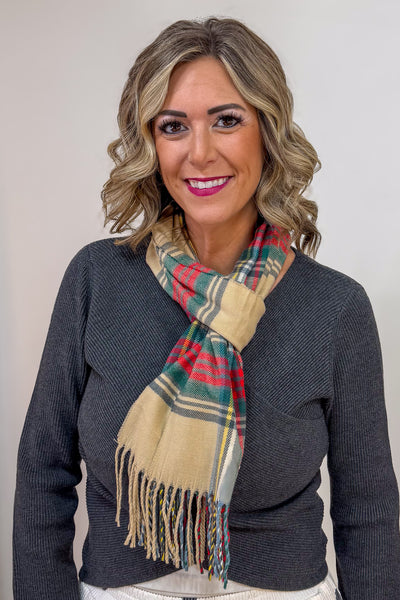 Tan Christmas Plaid Cashmere Feel Scarf