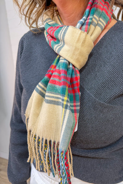 Tan Christmas Plaid Cashmere Feel Scarf