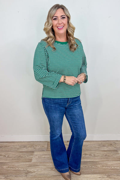 Green French Terry Striped Top styled