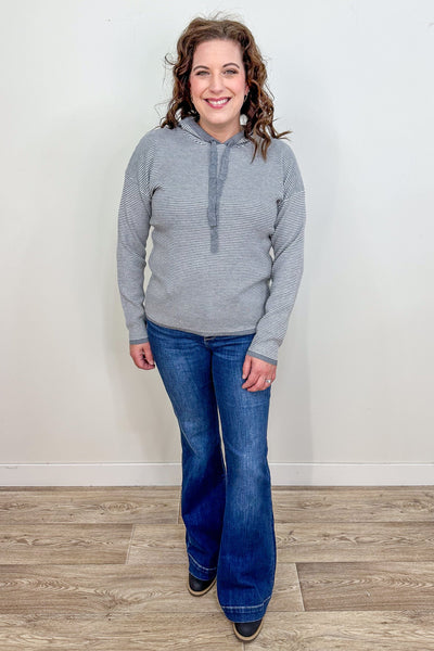 Grey & White Stripe Hooded Sweater styled