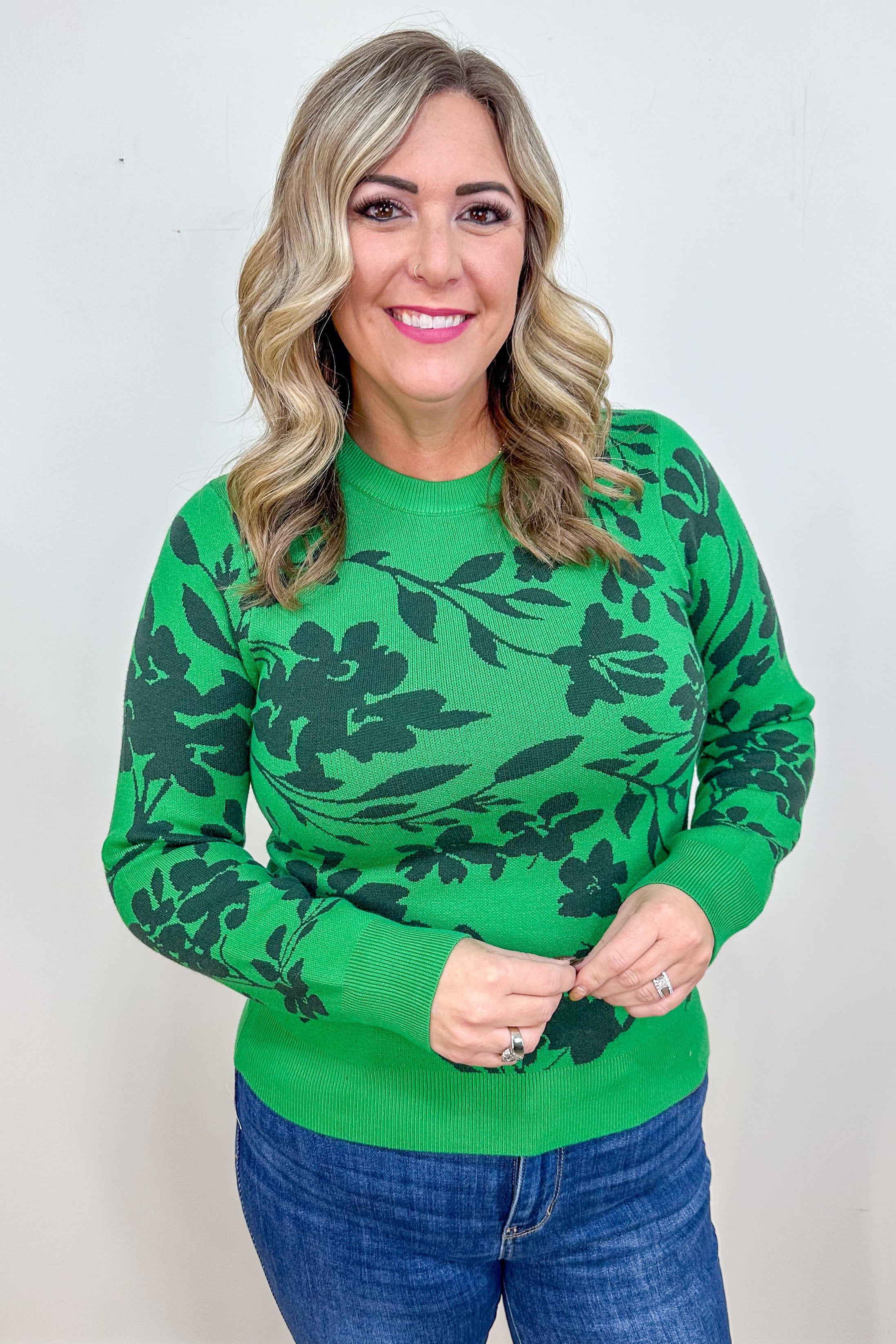 Emerald Green Floral Jaquard Sweater 