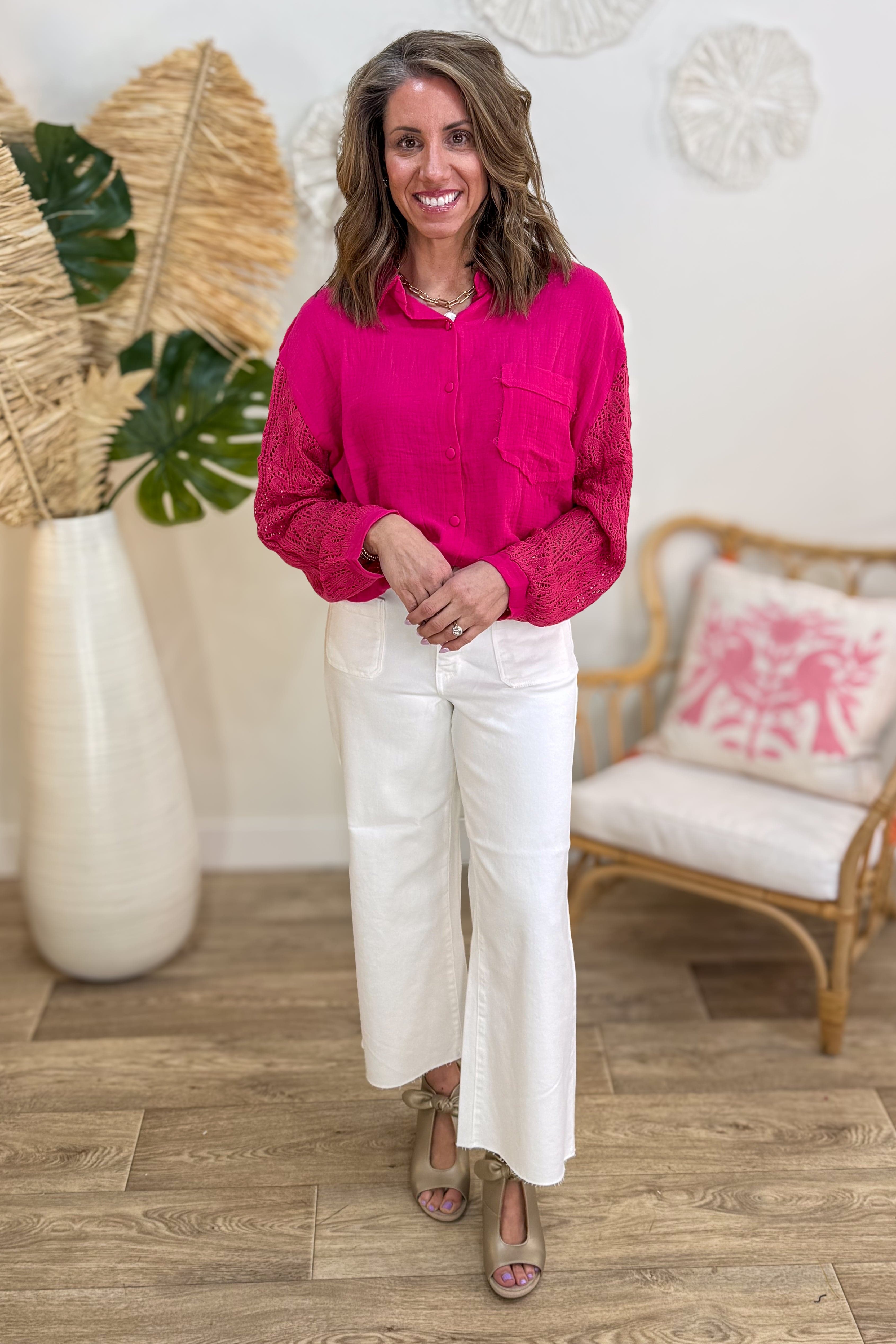 Magenta Gauze Top with Sweater Sleeve Styled