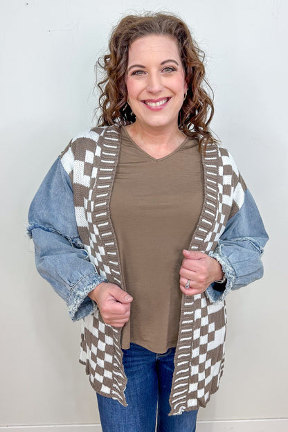 Mocha Gingham & Washed Denim Cardigan