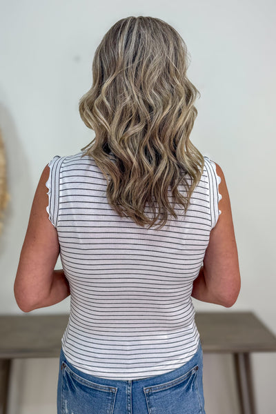 White & Black Stripe Ruffle Trim Top detail