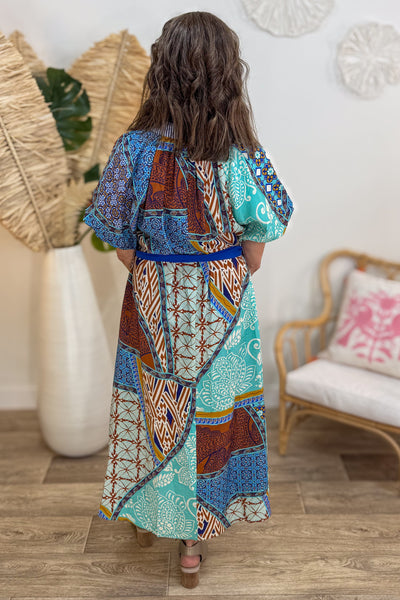 Blue Mix Contrast Piping Collared Maxi Dress Back
