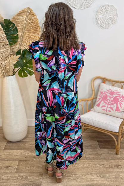 Black Leaf Print Flutter Sleeve Tiered Midi Dress