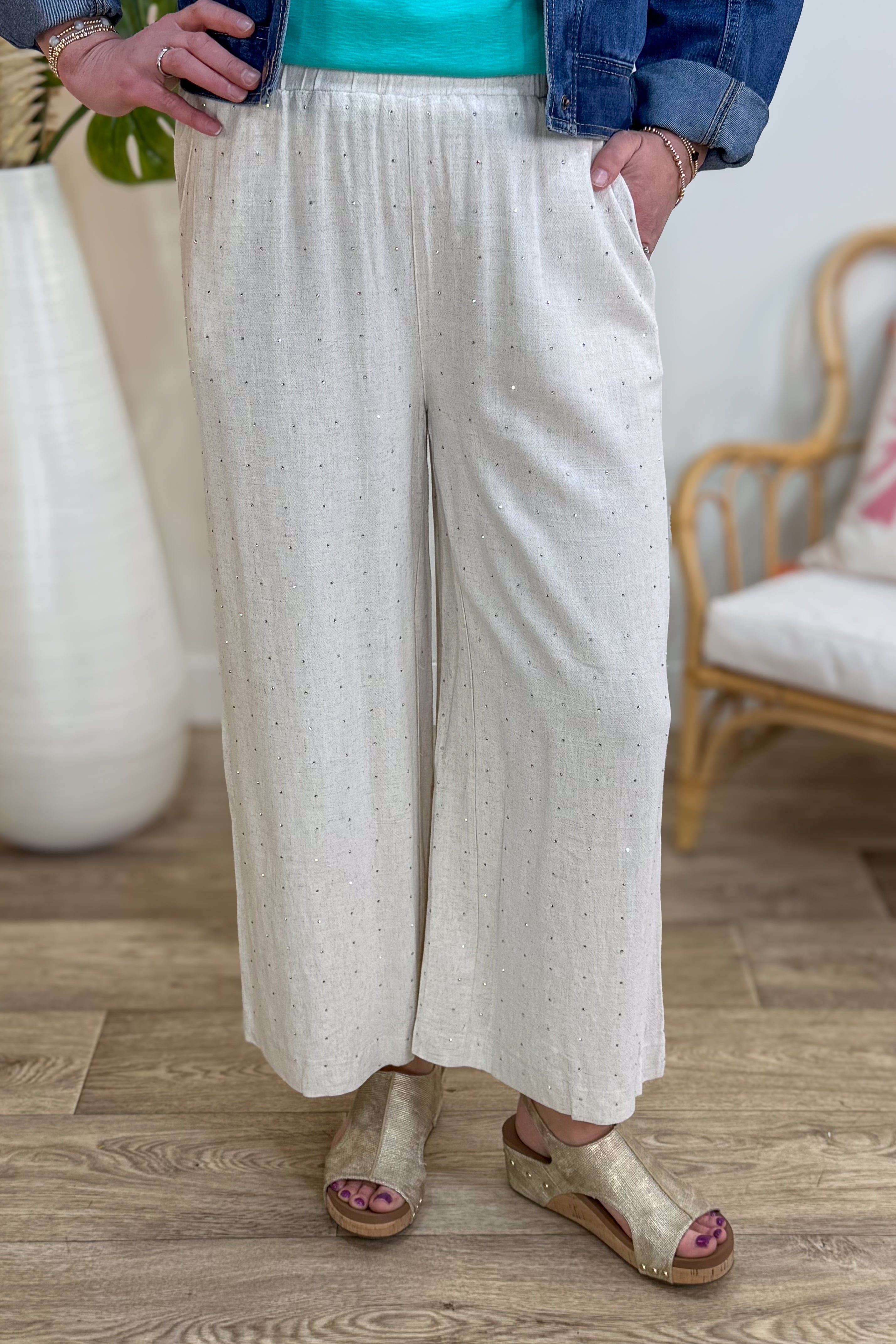 Oatmeal Embellished Wide Leg Linen Pant