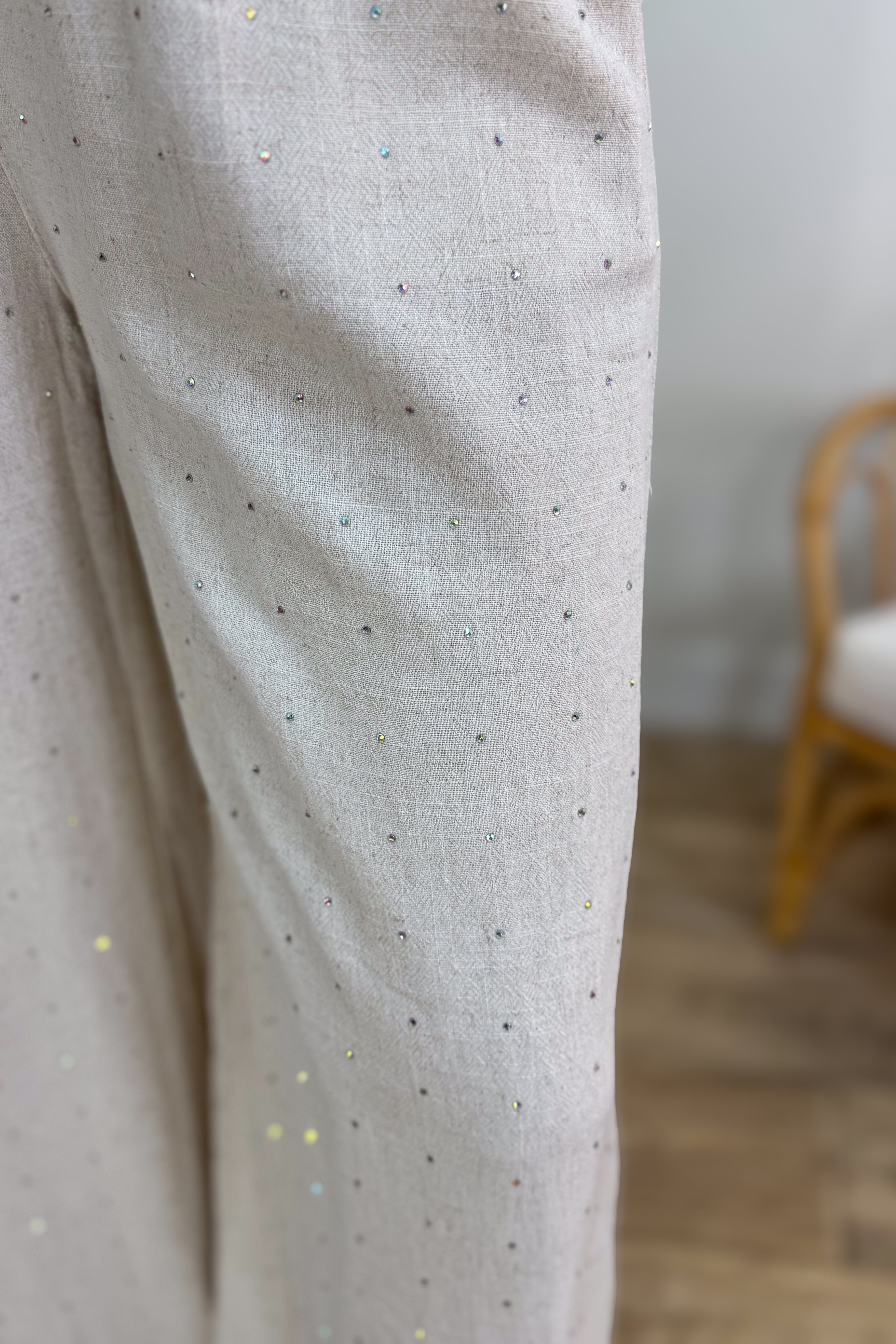 Oatmeal Embellished Wide Leg Linen Pant