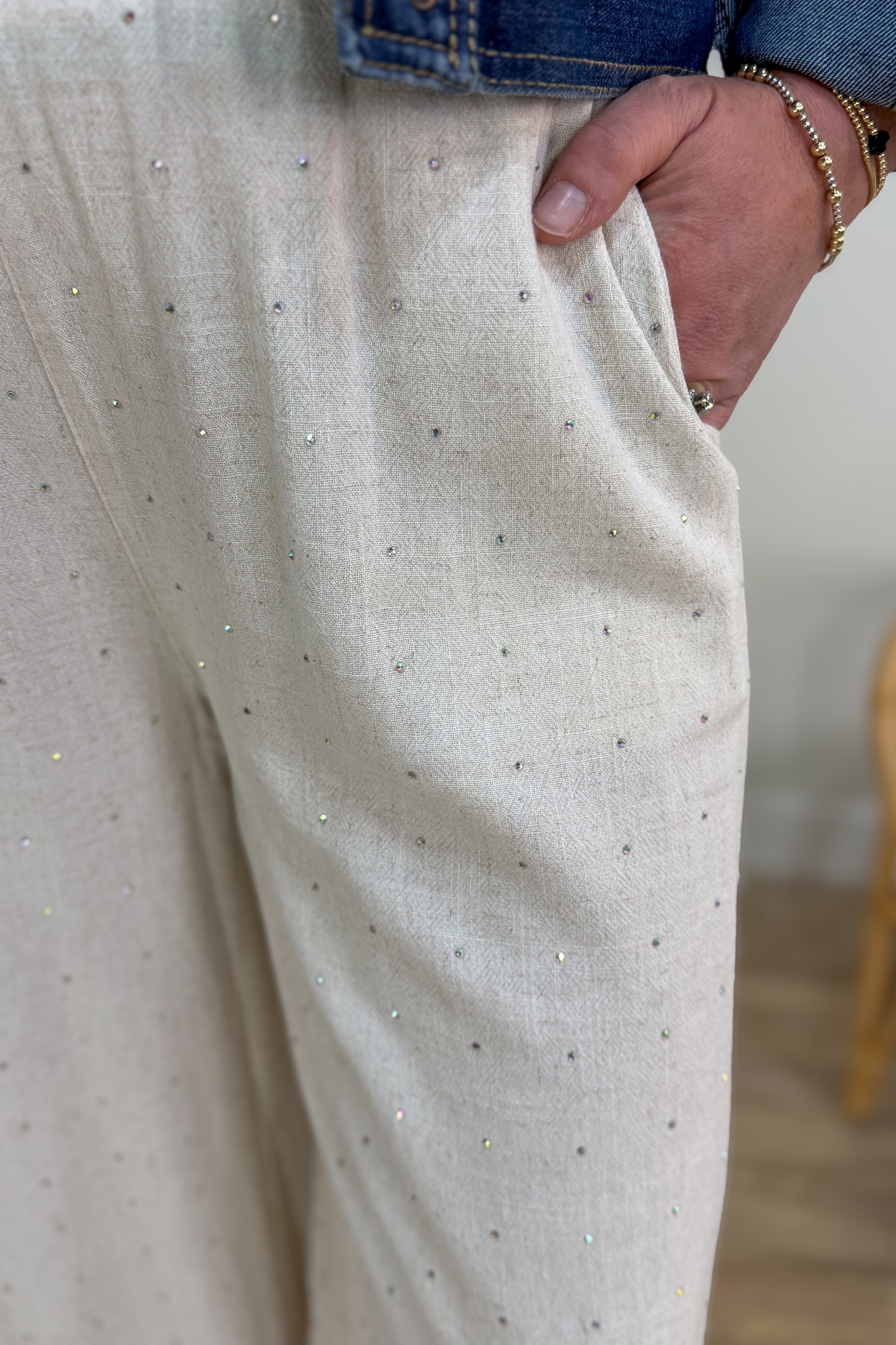 Oatmeal Embellished Wide Leg Linen Pant