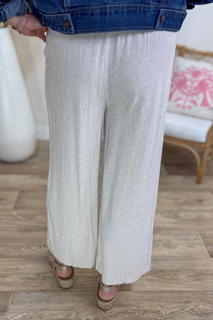 Oatmeal Embellished Wide Leg Linen Pant