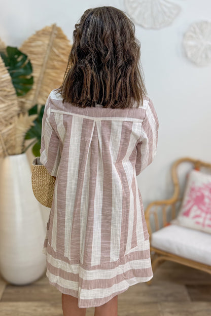 Oatmeal & Taupe Stripe Bubble Sleeve Dress Back