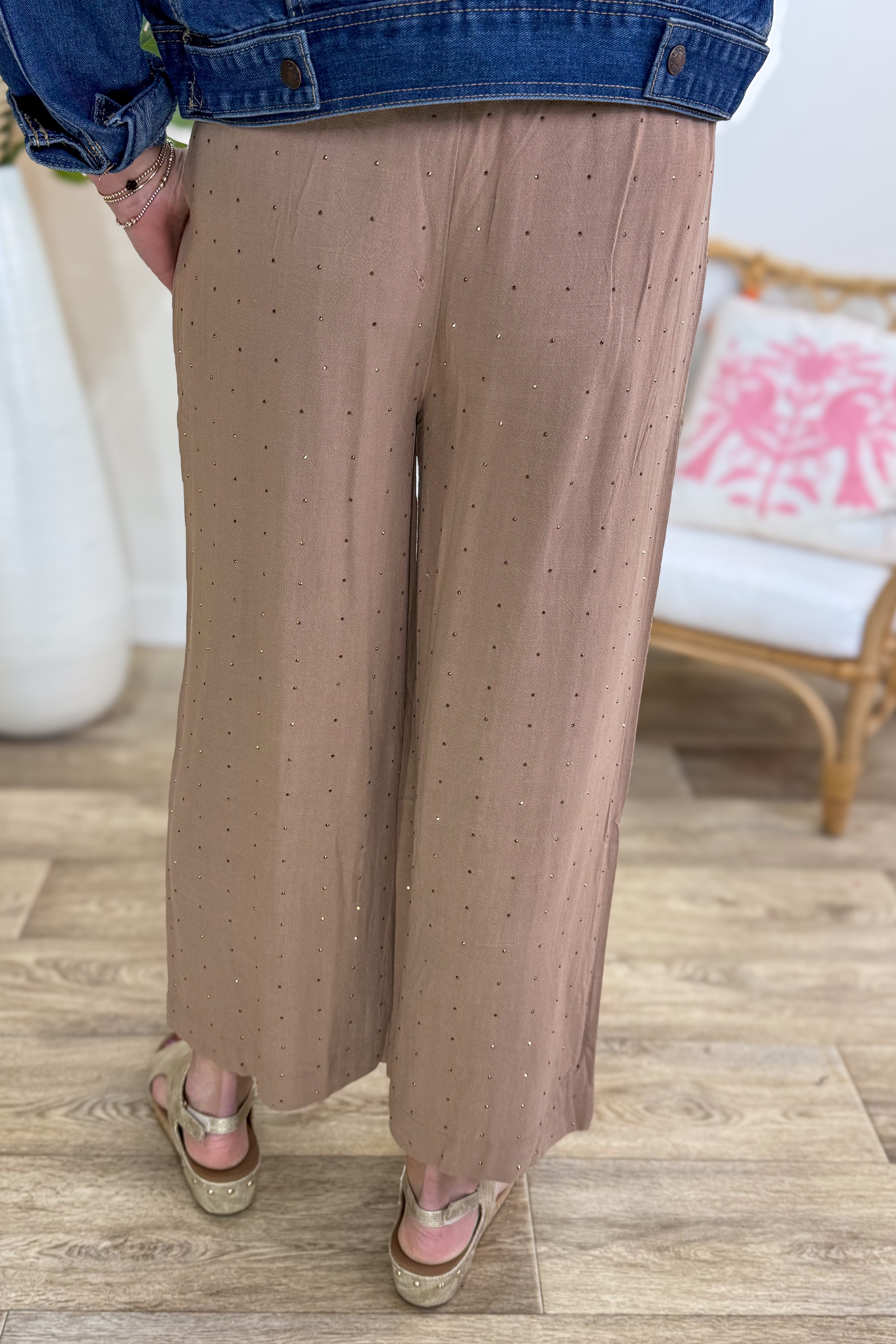 Mocha Embellished Wide Leg Linen Pant