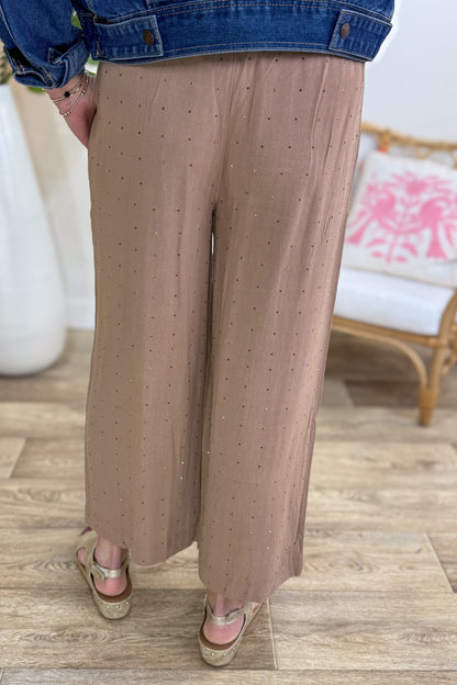 Mocha Embellished Wide Leg Linen Pant
