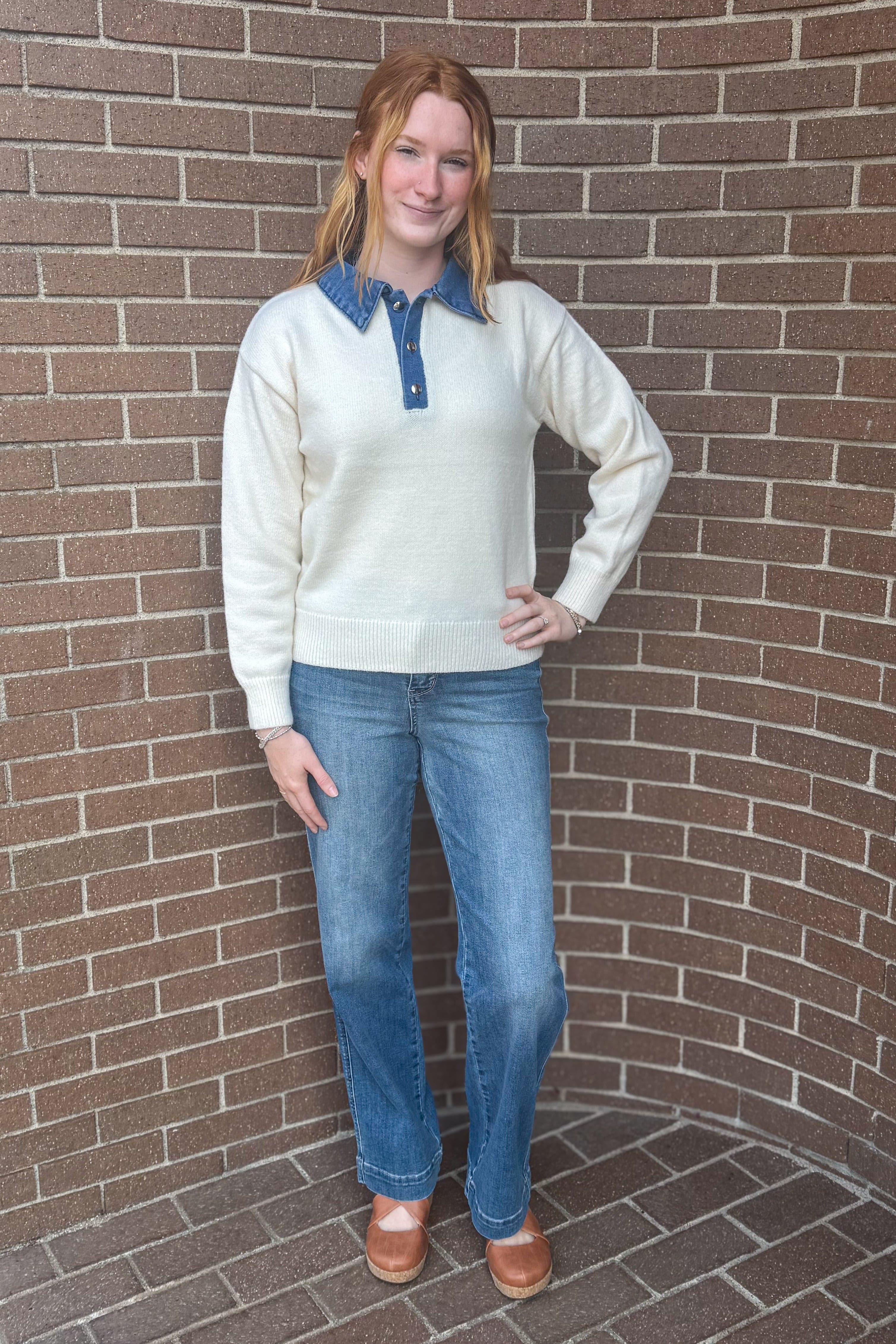 Ivory Denim Collar Polo Sweater Styled