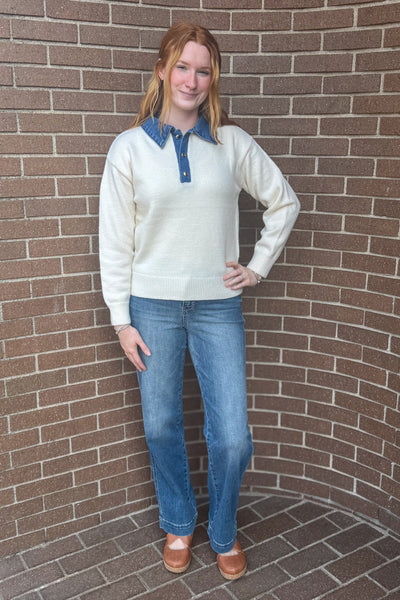 Ivory Denim Collar Polo Sweater Styled