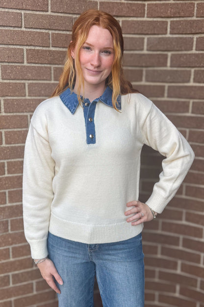 Ivory Denim Collar Polo Sweater