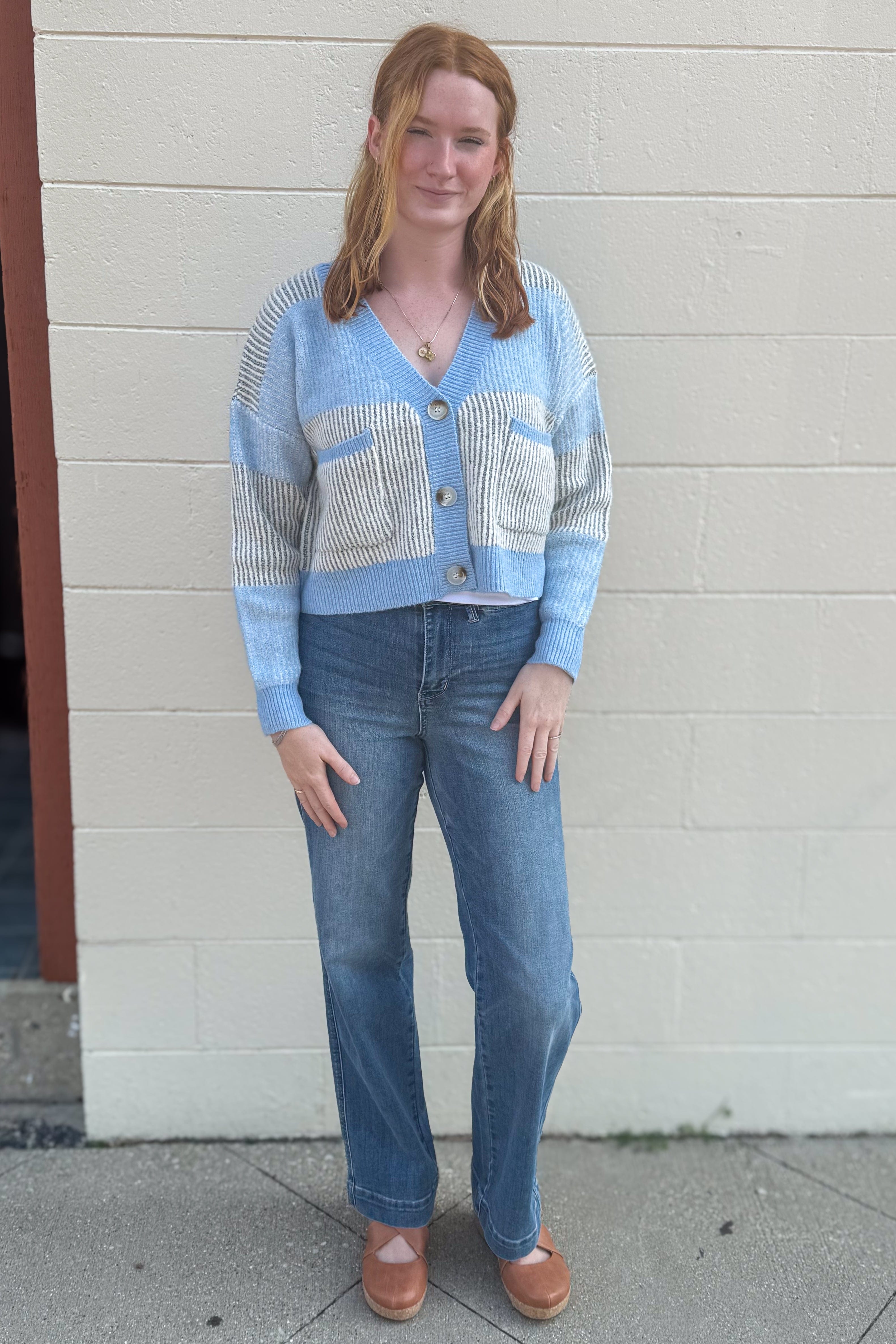 Blue Cozy Block Stripe Cardigan styled