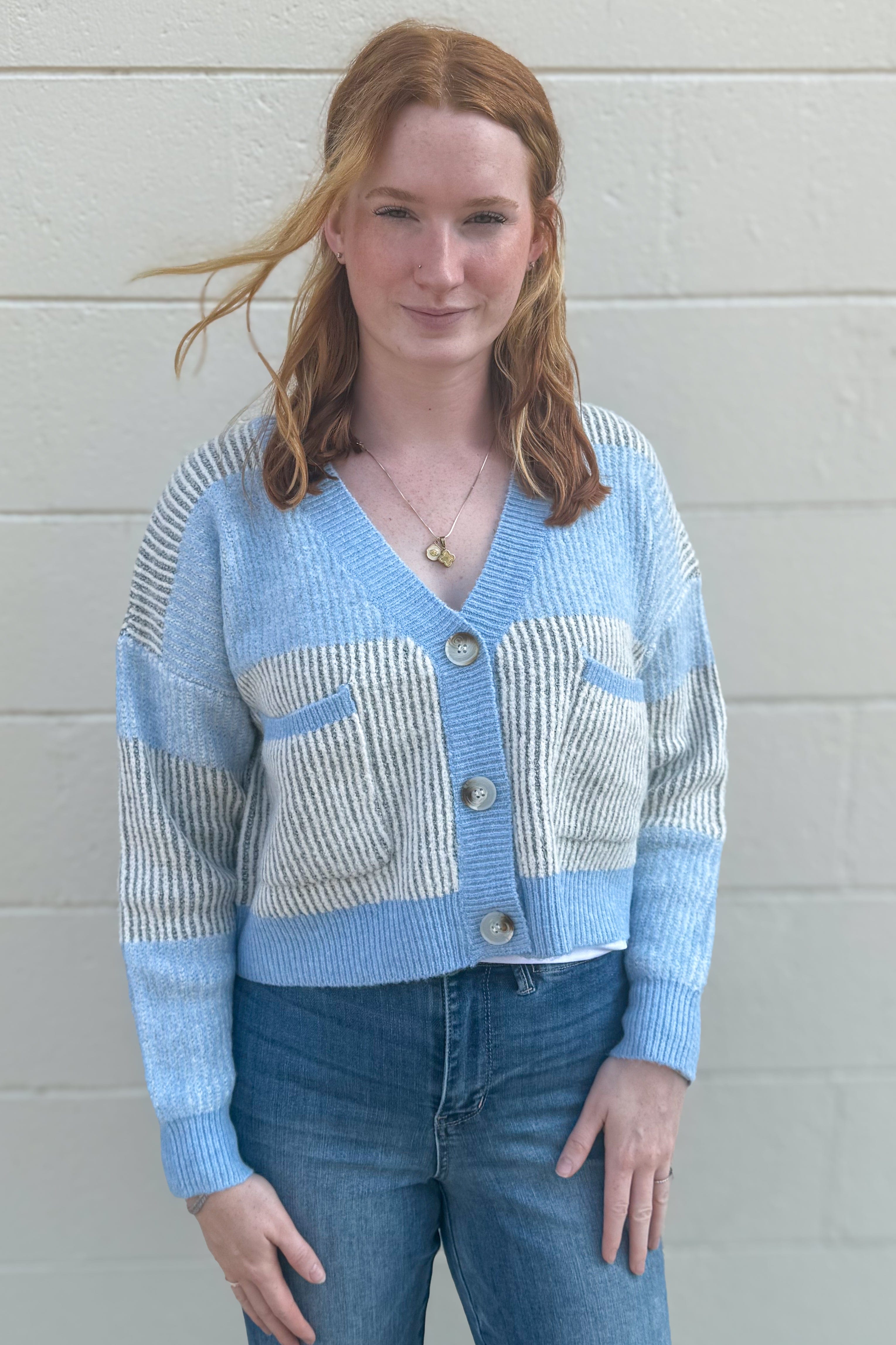 Blue Cozy Block Stripe Cardigan