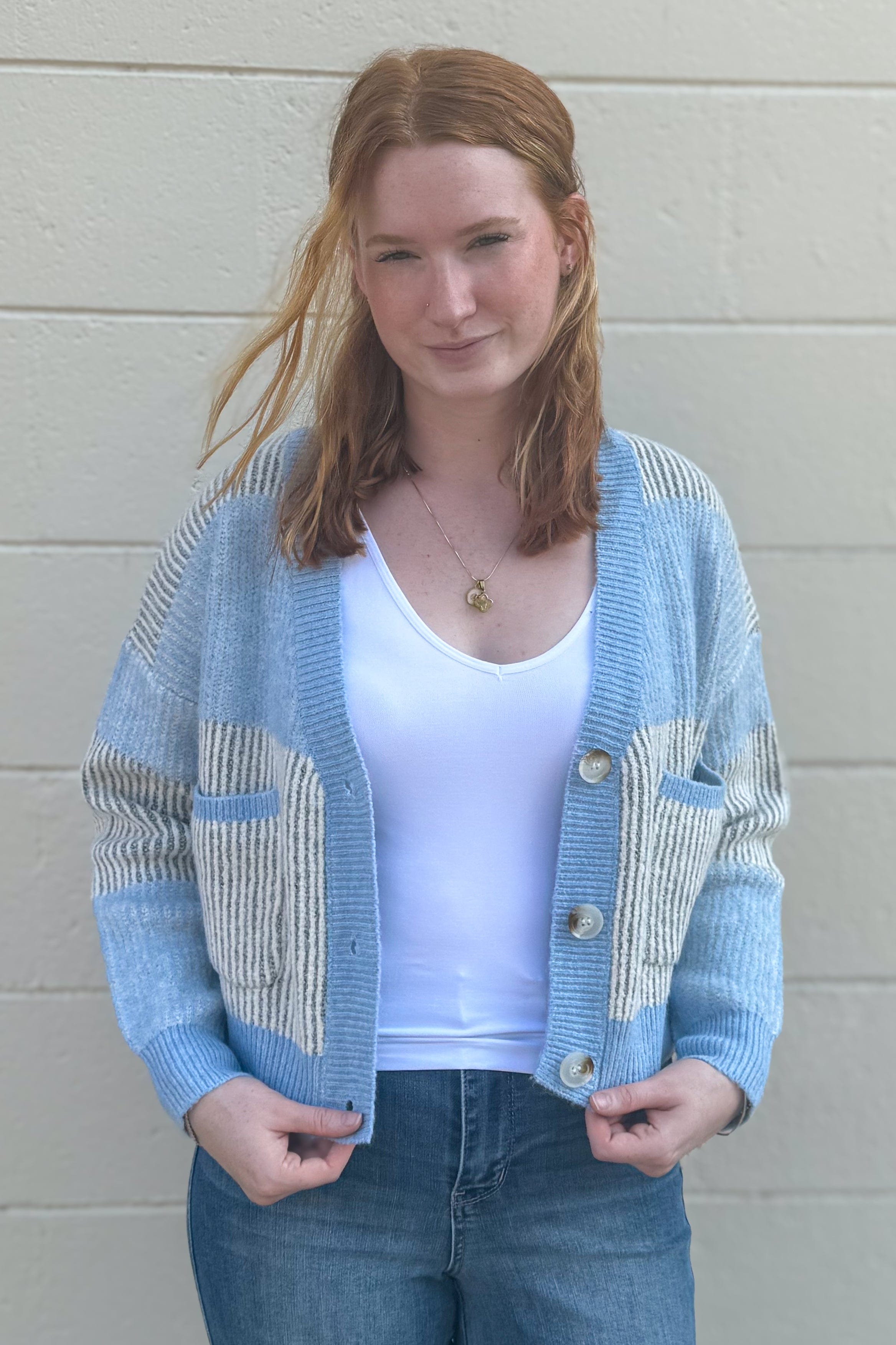 Blue Cozy Block Stripe Cardigan open