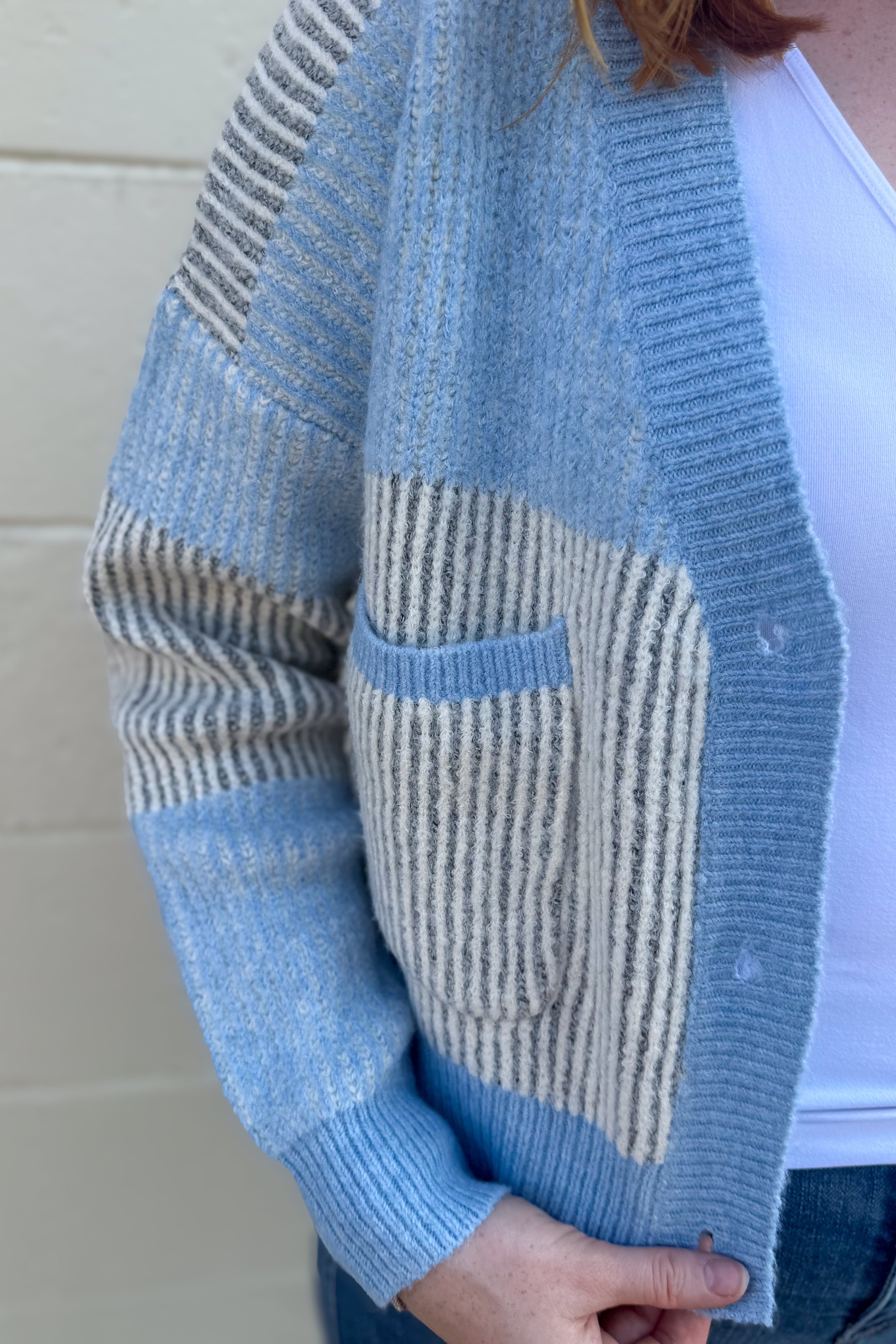 Blue Cozy Block Stripe Cardigan detail