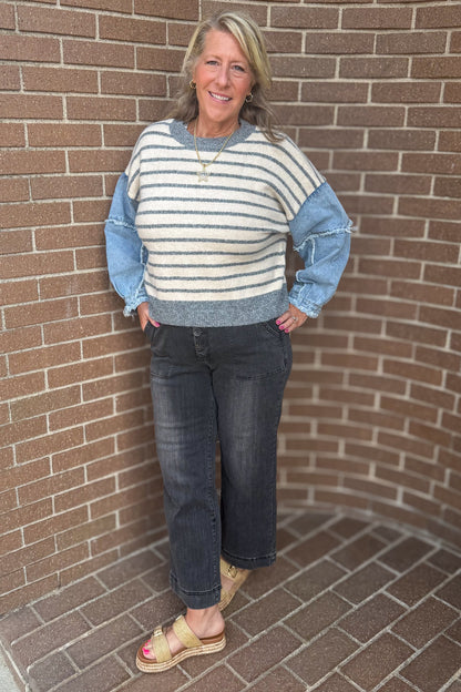 Grey Stripe Pullover with Denim Sleeves Top styled