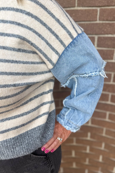 Grey Stripe Pullover with Denim Sleeves Top detail