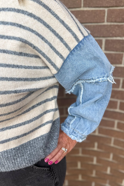 Grey Stripe Pullover with Denim Sleeves Top detail