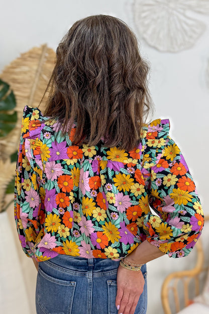 Black Mix Floral V-Notch Smock Detail Top Back