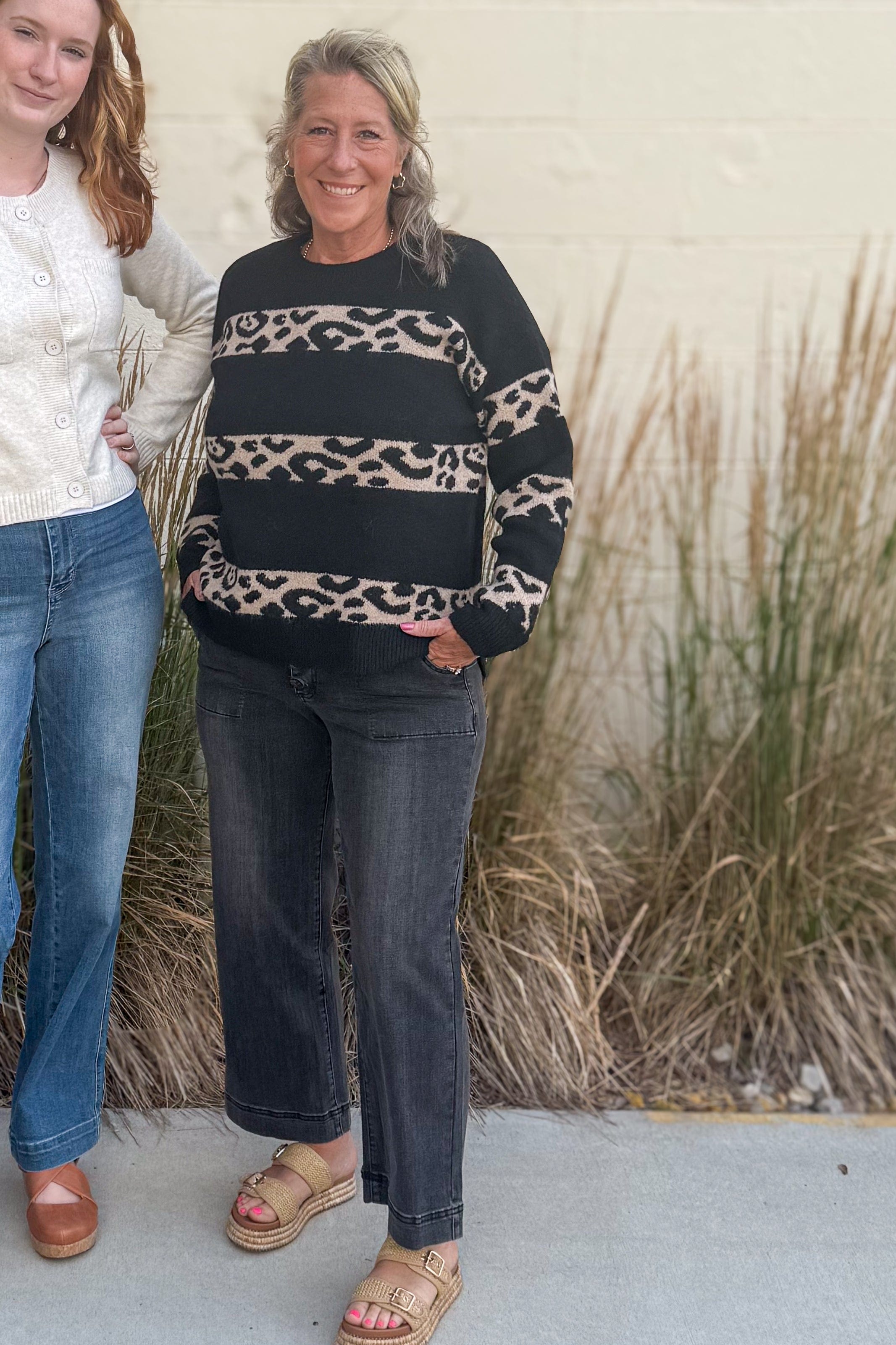 Black Leopard Print Stripe Sweater styled