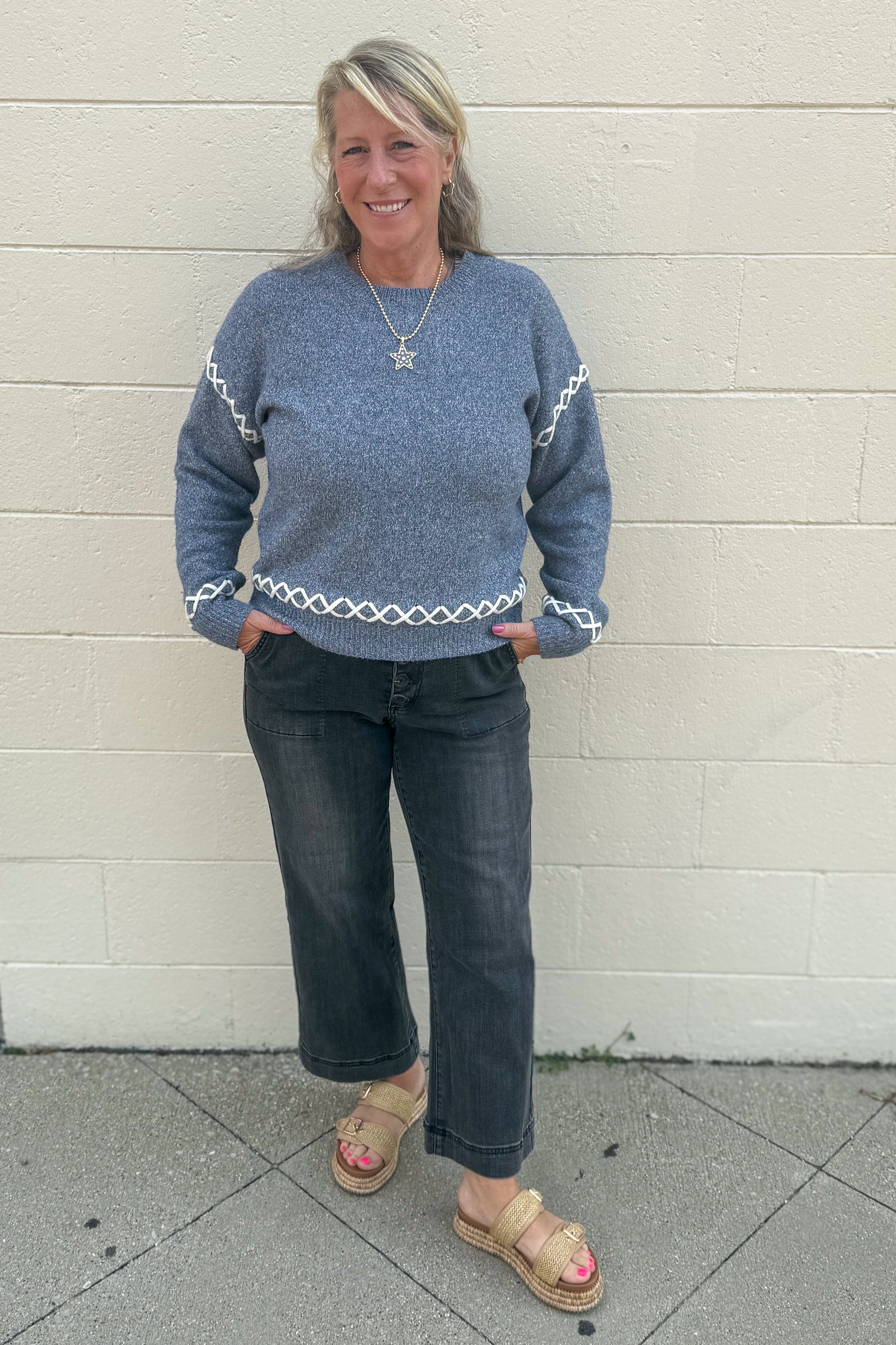 Charcoal Loop Trim Sweater styled