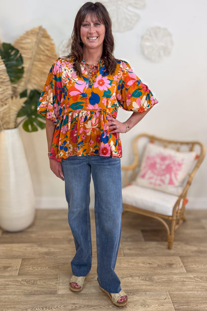 Ginger Floral Baby Doll Tie Front Blouse