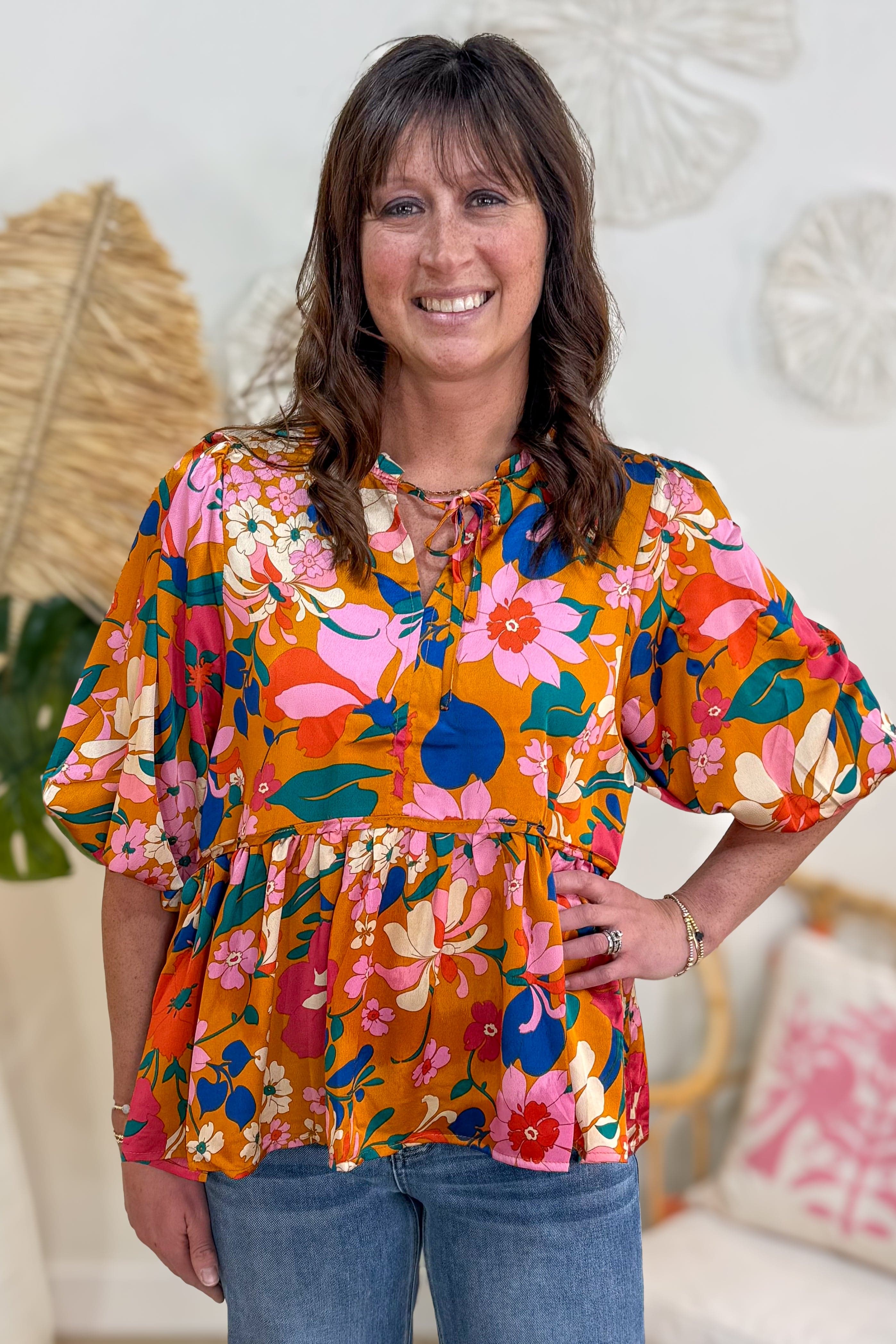 Ginger Floral Baby Doll Tie Front Blouse