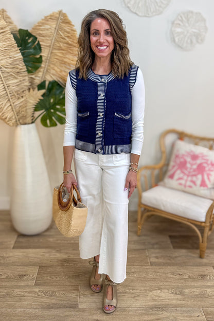 Navy with Cream Trim Detail & Pearl Button Sweater Vest Styled