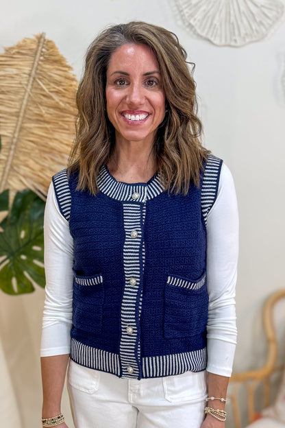 Navy with Cream Trim Detail & Pearl Button Sweater Vest