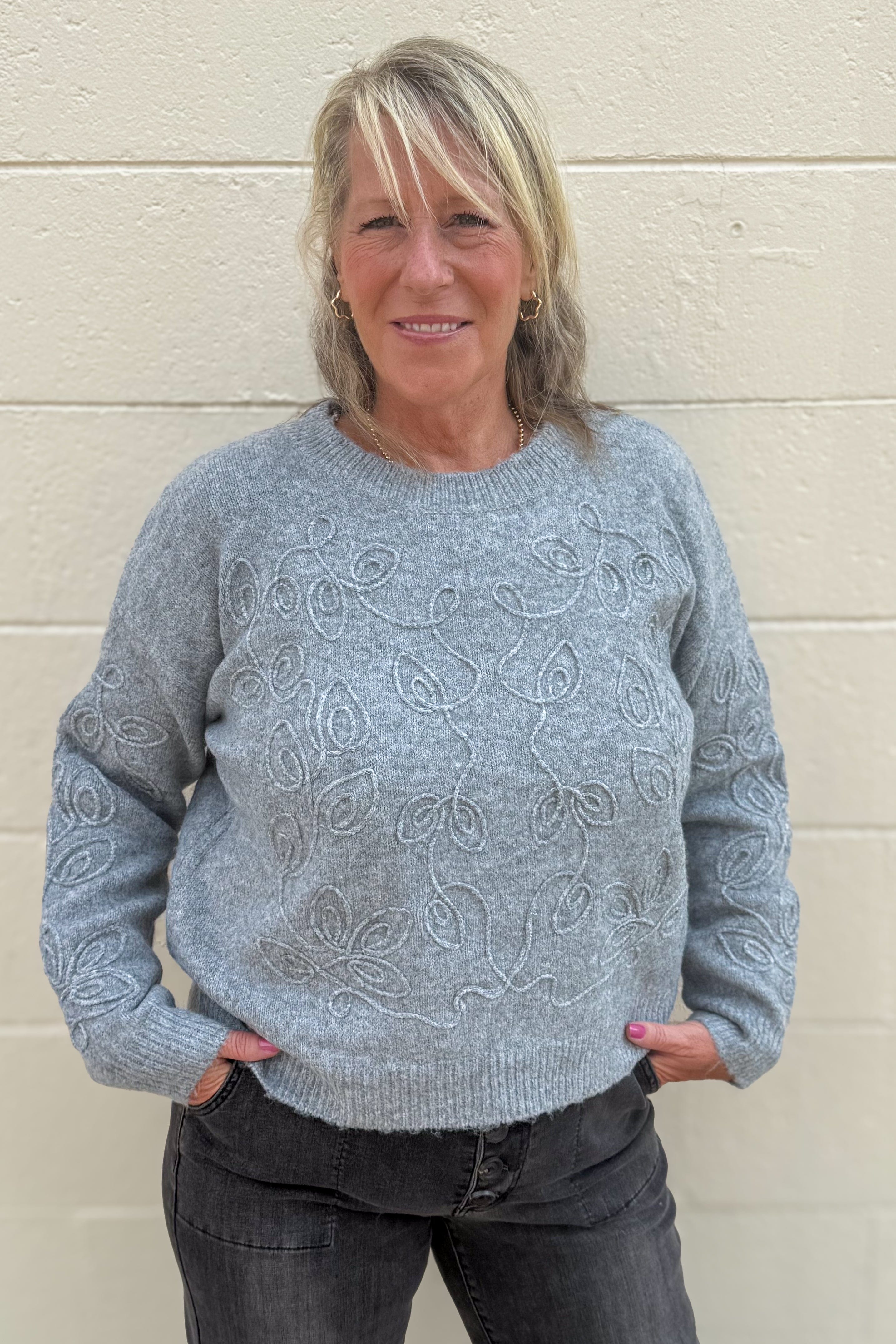 Grey Embroidery Swirl Detail Sweater
