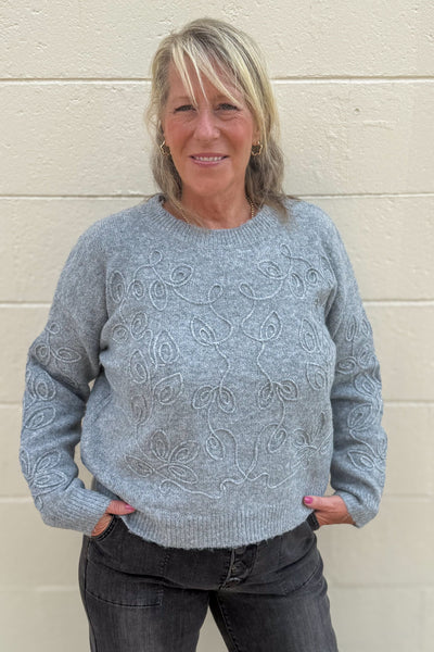 Grey Embroidery Swirl Detail Sweater