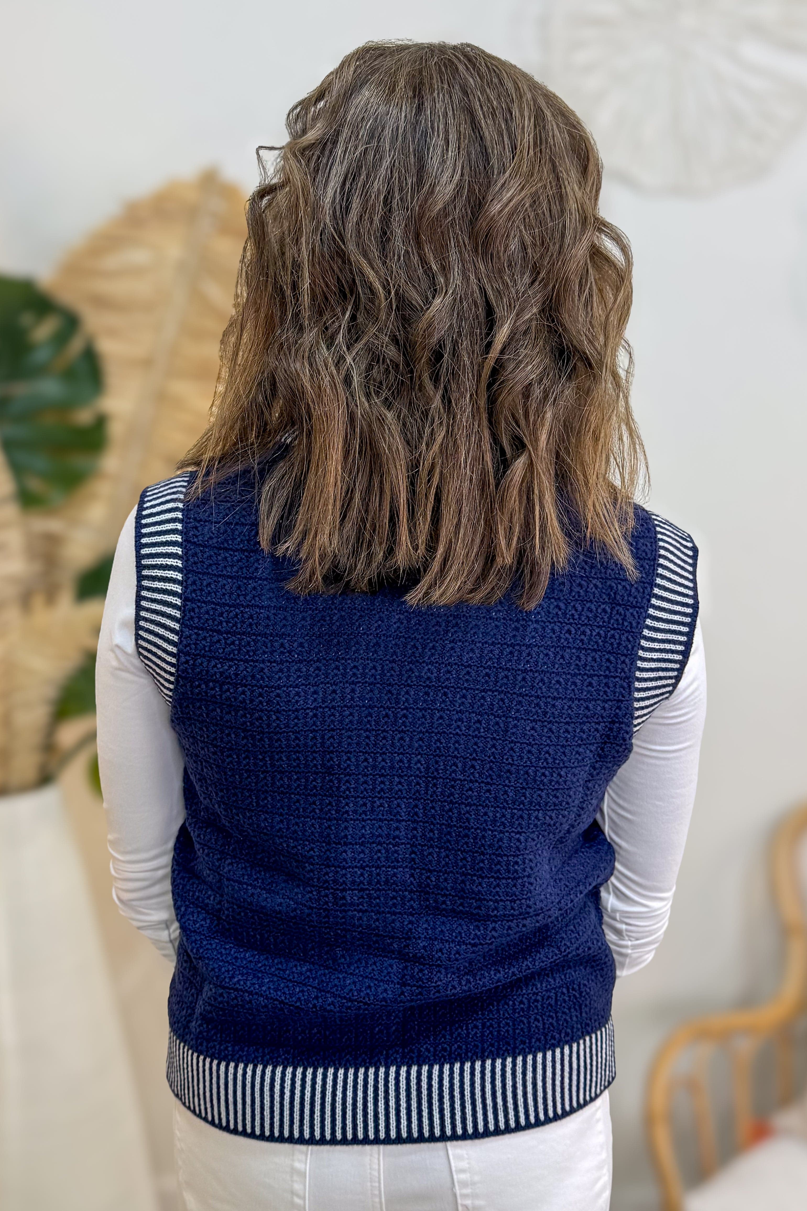 Navy with Cream Trim Detail & Pearl Button Sweater Vest back