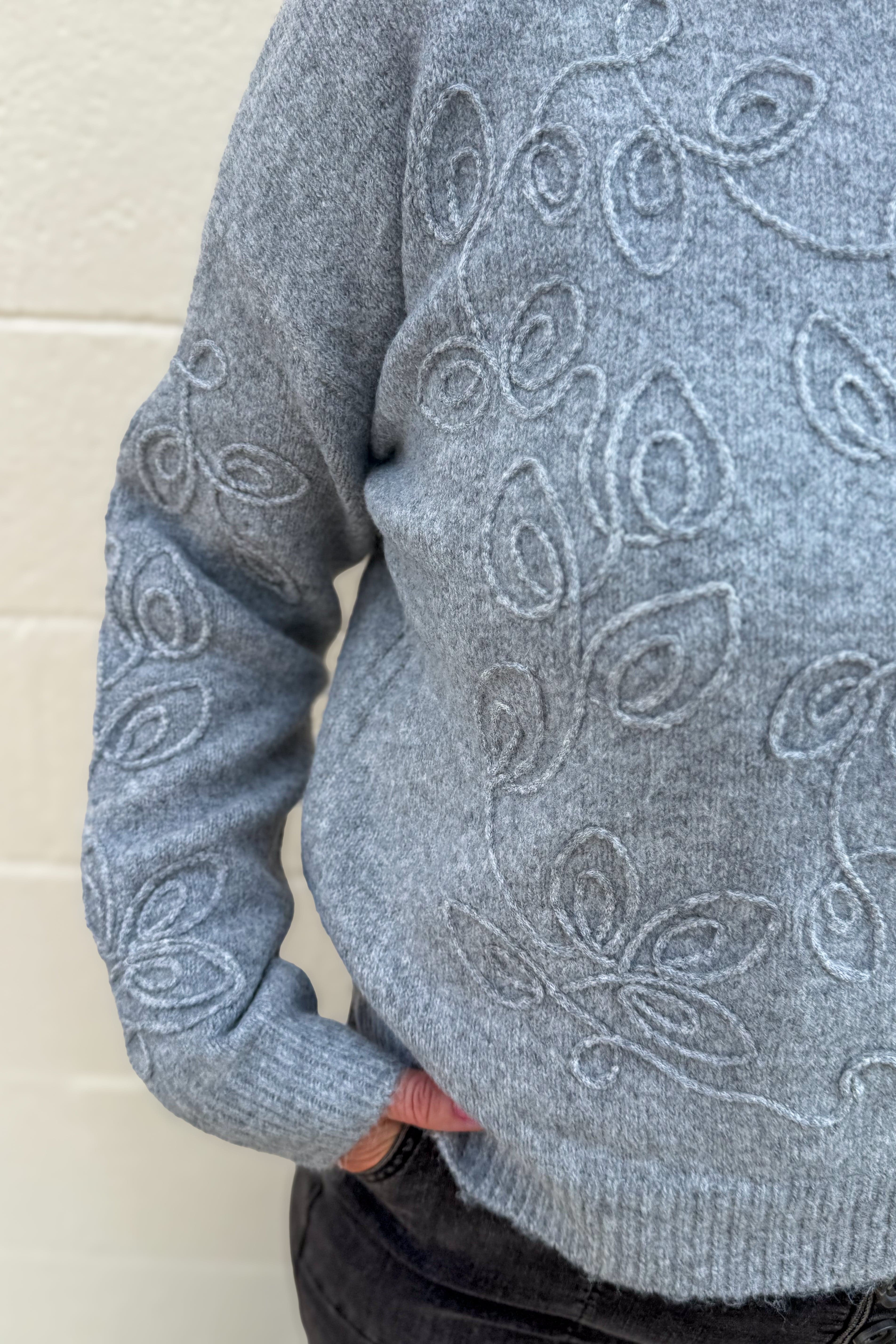 Grey Embroidery Swirl Detail Sweater detail