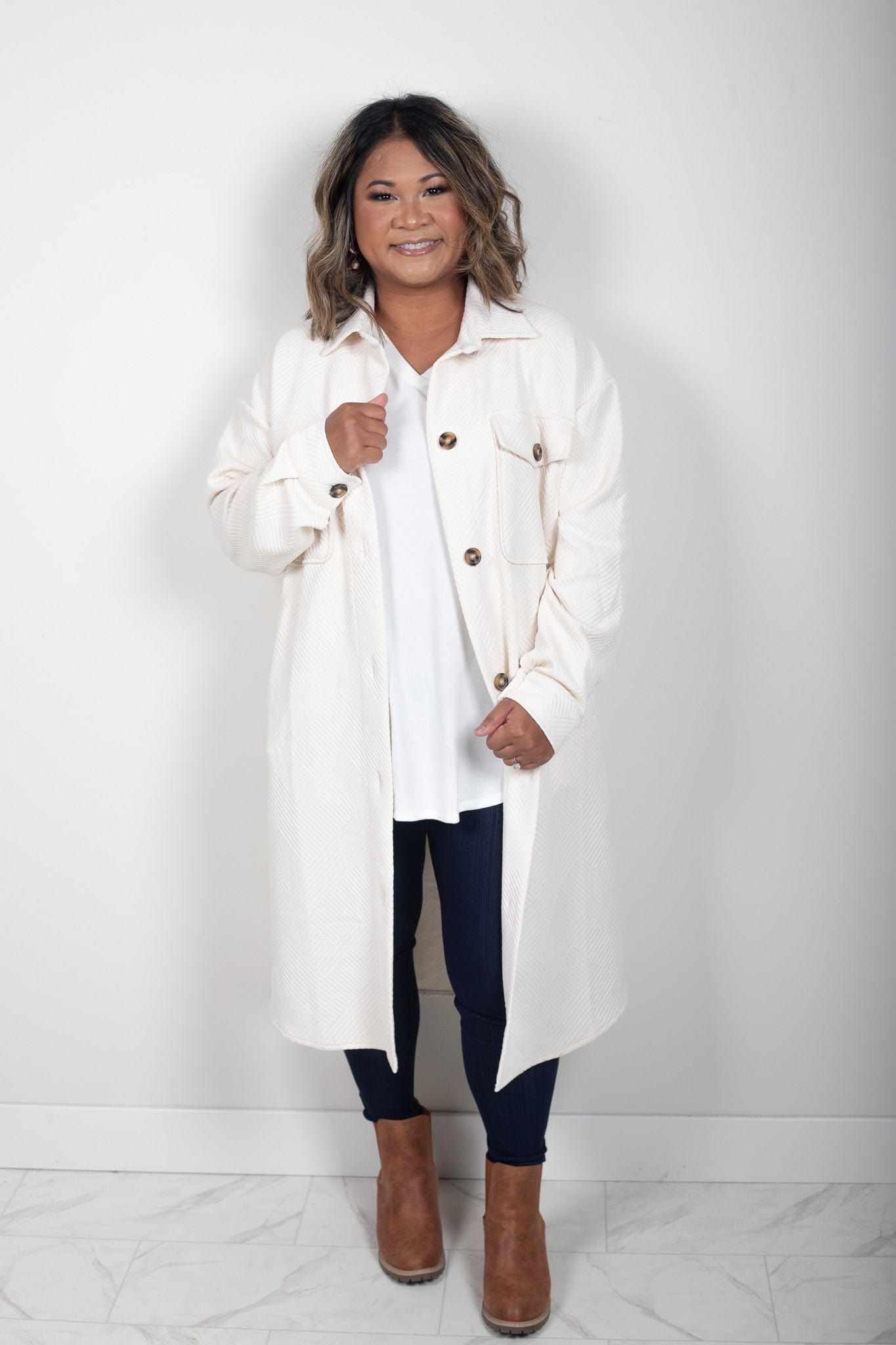 Cream Textured Overshirt Long Jacket