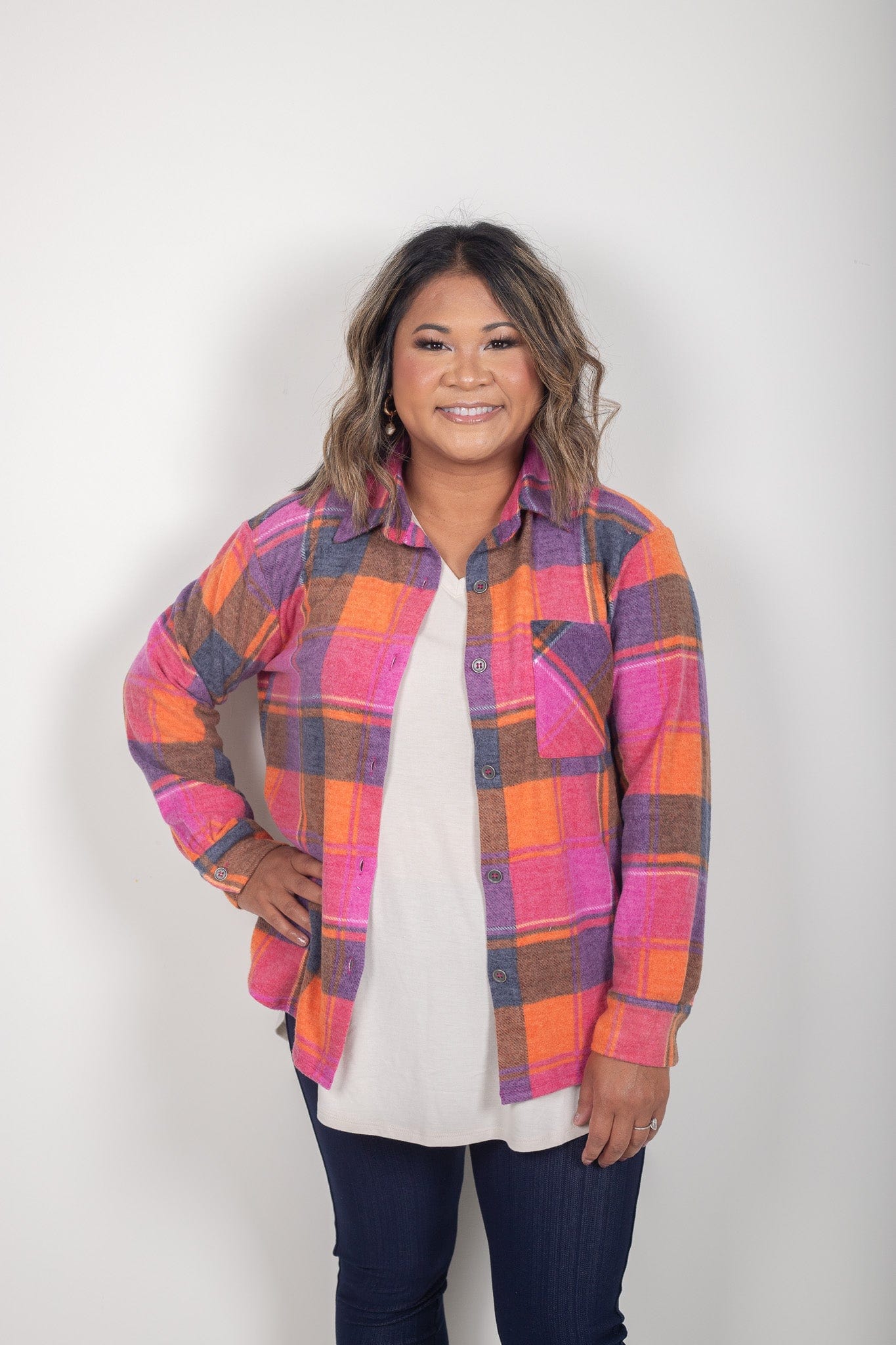 Magenta Mix Plaid Knit Shacket