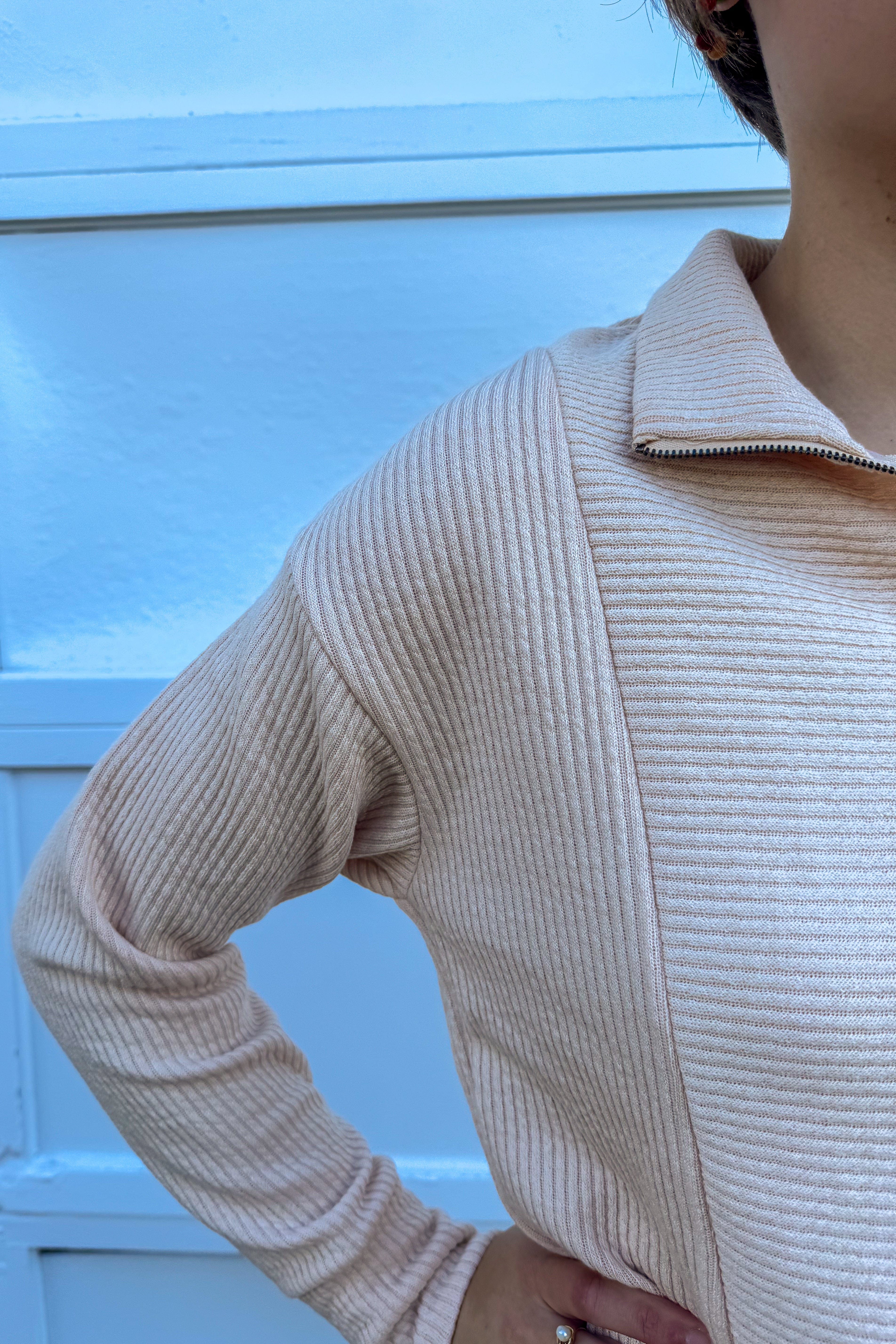 Oatmeal Half Zip-Up Textured Top detail