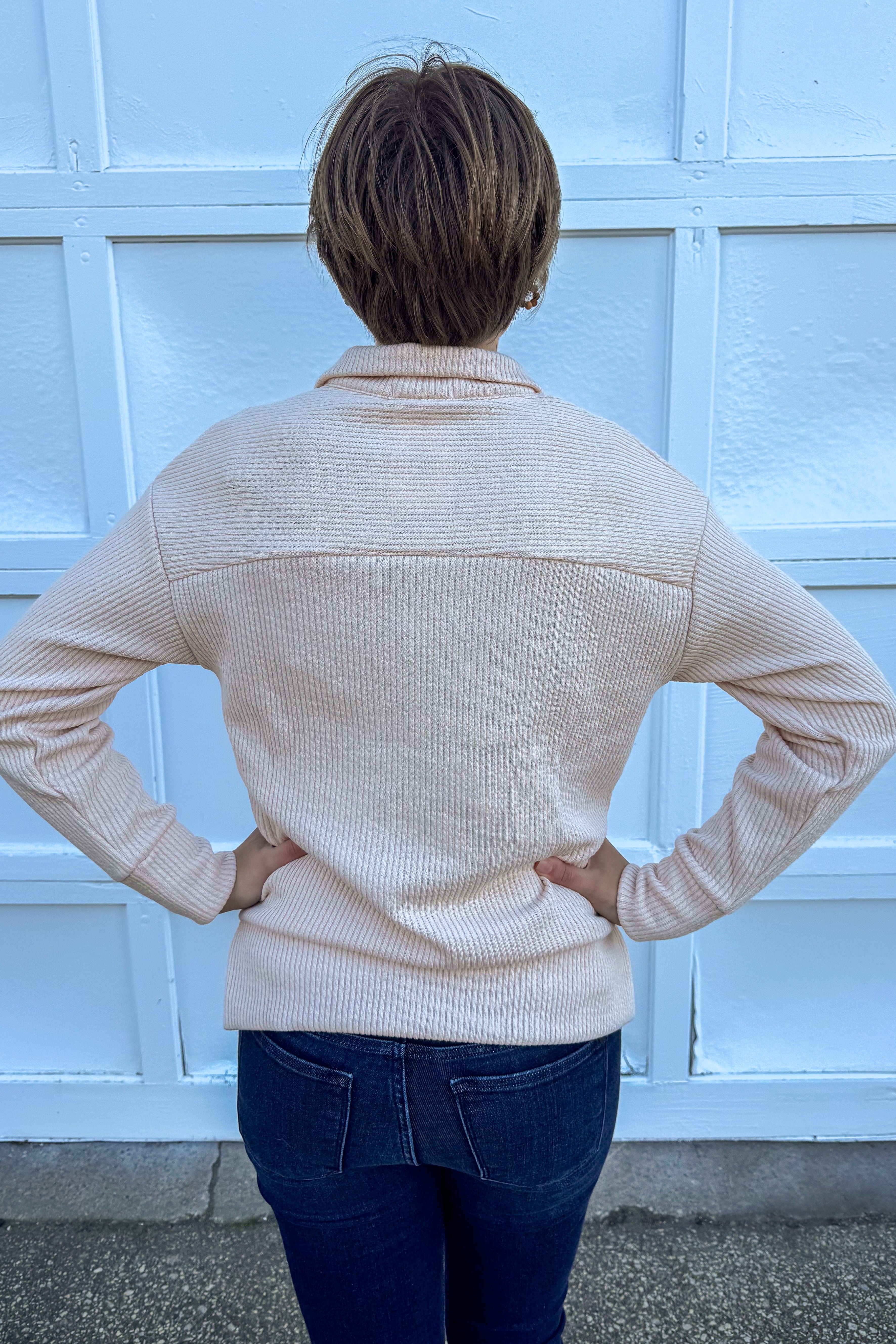 Oatmeal Half Zip-Up Textured Top back