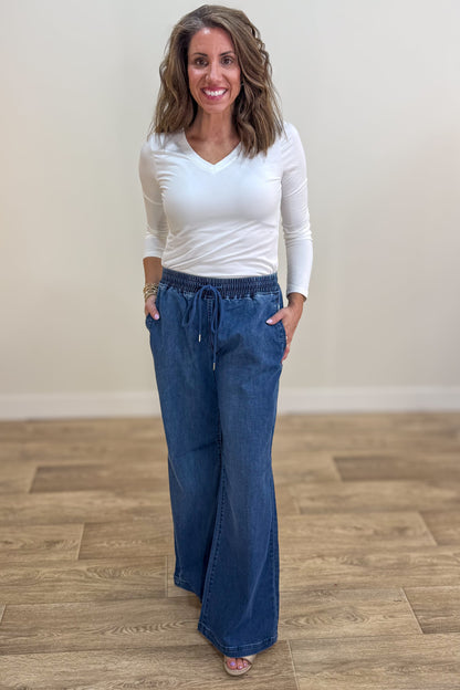 Medium Wash Drawstring Waist Wide Leg Denim