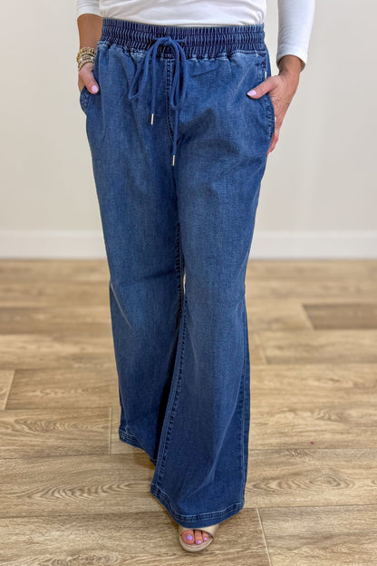 Medium Wash Drawstring Waist Wide Leg Denim
