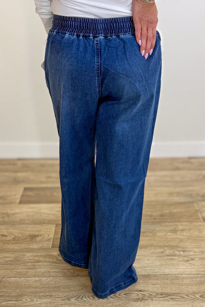 Medium Wash Drawstring Waist Wide Leg Denim